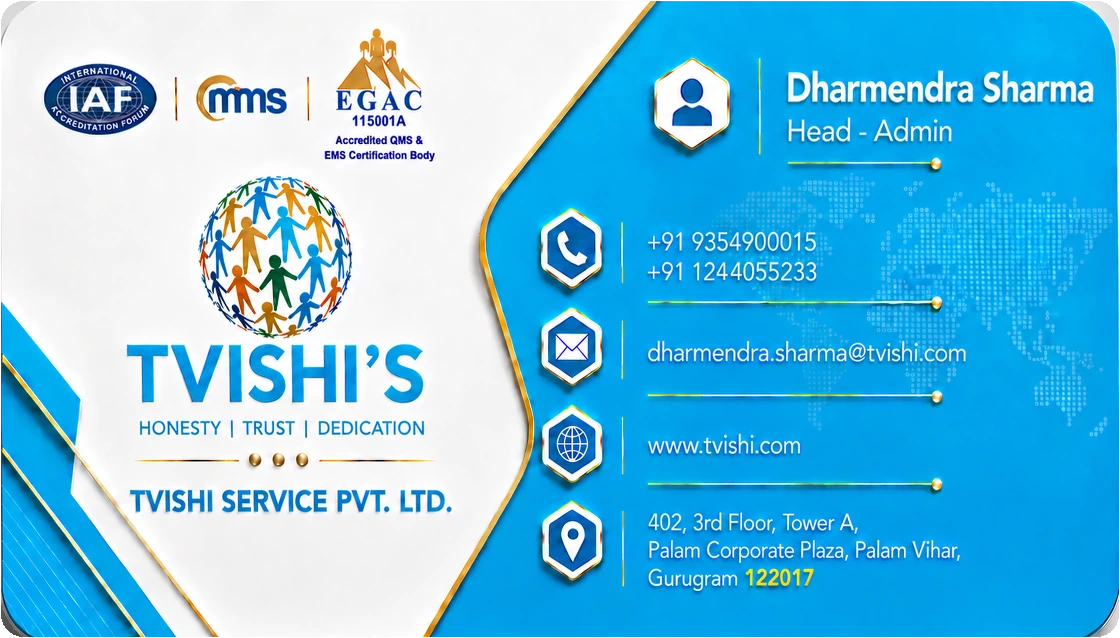 TVISHI'S business card front - Dharmendra Sharma, Head - Admin